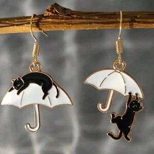 Black Cat White Umbrella Asymmetrical Dangle Drop Earrings New!